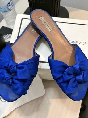 Tabitha Simmons Cobalt Satin Bow Slide Mules